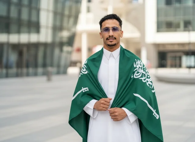Saudi Man in Thobe with National Flag Outdoors