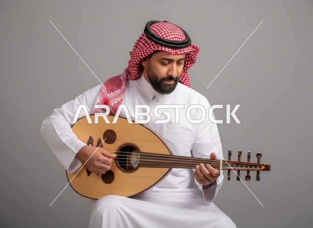 رجل سعودي يعزف العود بالزي التقليدي