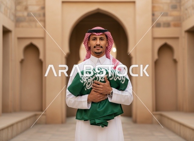 رجل سعودي يحمل العلم في موقع تراثي