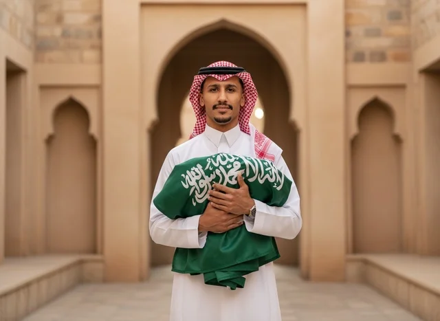 Saudi Man Holding Flag in Heritage Site
