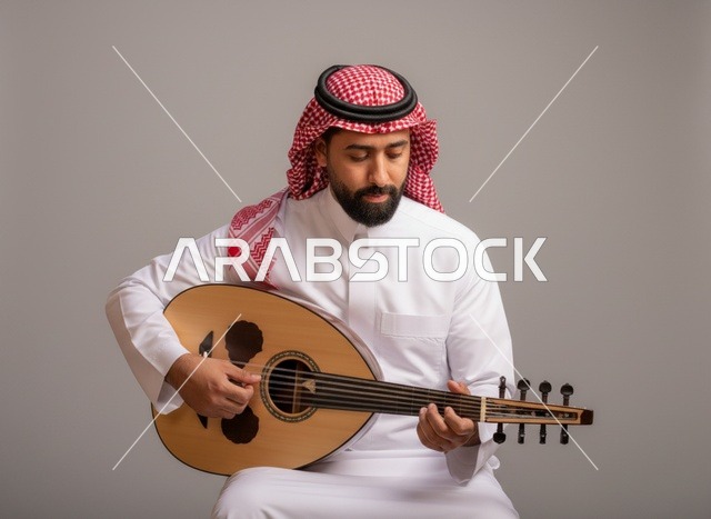 رجل سعودي يعزف على آلة العود بالزي التقليدي في أستوديو