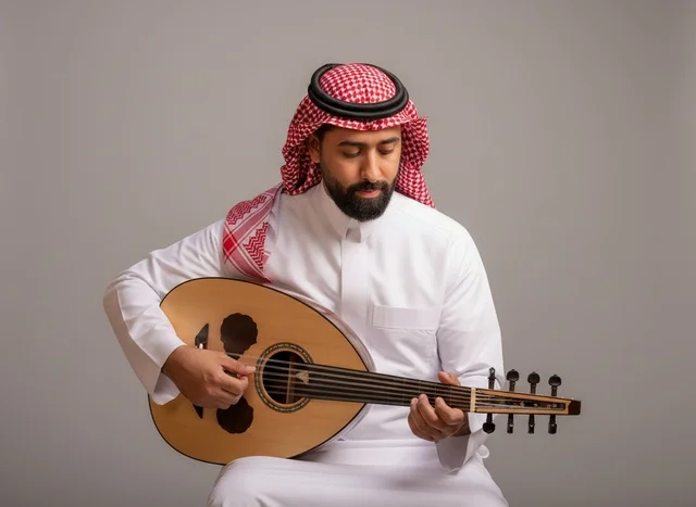 Saudi Man Playing Oud in Traditional Dress Studio Portrait