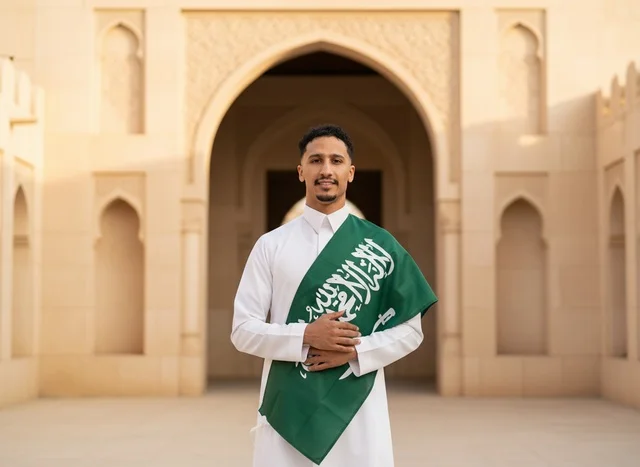 Saudi Man in Traditional Thobe with National Flag