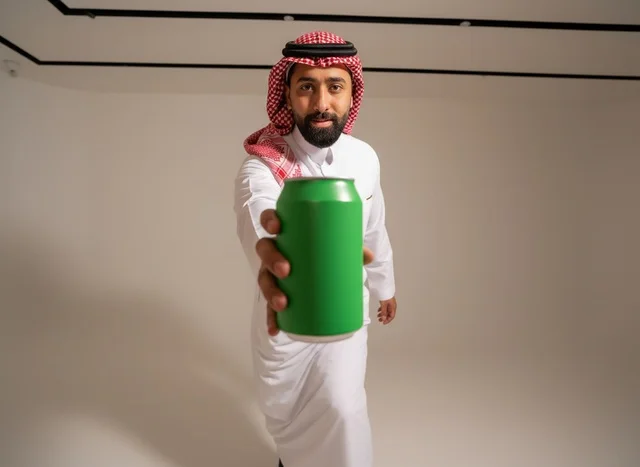 Saudi Man Holding Green Beverage Can in Studio