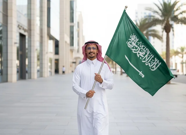 رجل سعودي يحمل العلم الوطني السعودي بالثوب التقليدي رجل سعودي يحمل العلم الوطني السعودي بالثوب التقليدي