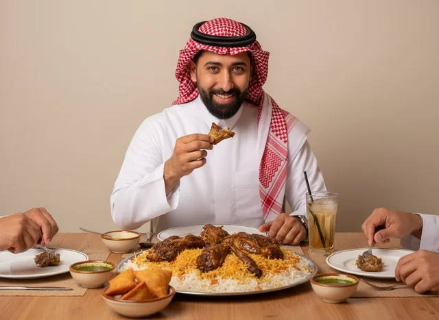 Saudi Man Eating Traditional Arabic Kabsa Meal