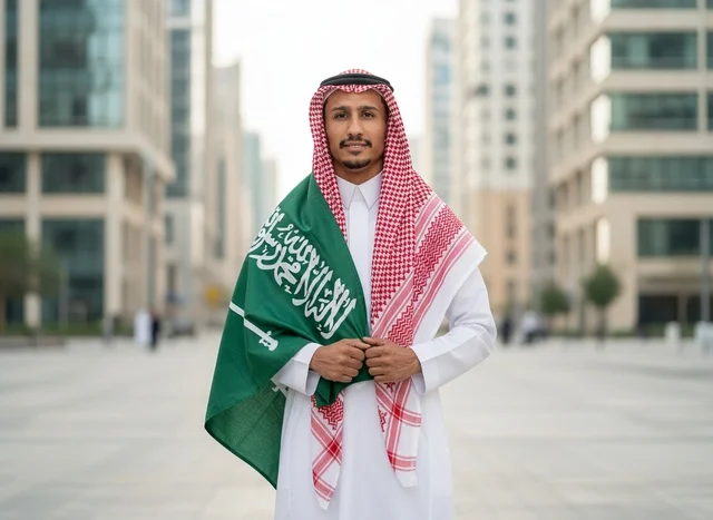 Saudi Man in Traditional Thobe Holding Saudi Arabia Flag