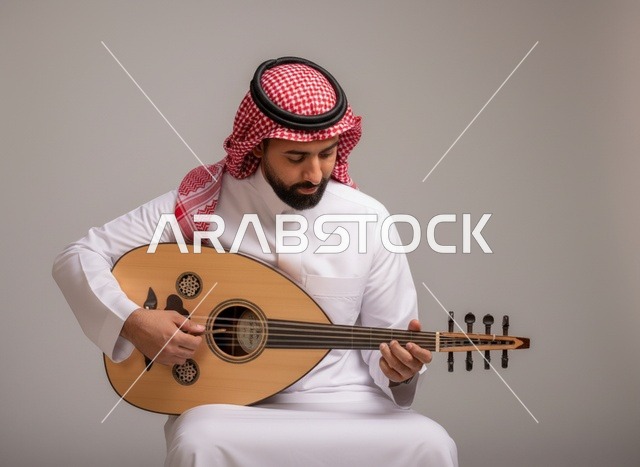رجل سعودي يعزف على آلة العود بالزي التقليدي والشماغ