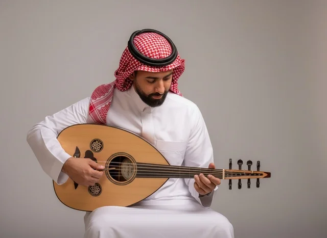 رجل سعودي يعزف على آلة العود بالزي التقليدي والشماغ رجل سعودي يعزف على آلة العود بالزي التقليدي والشماغ