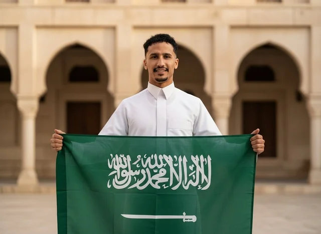 Saudi Man Holding National Flag in Traditional Setting