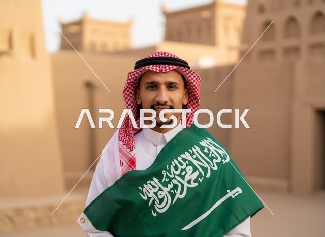 رجل سعودي بالعلم الوطني أمام مباني تراثية