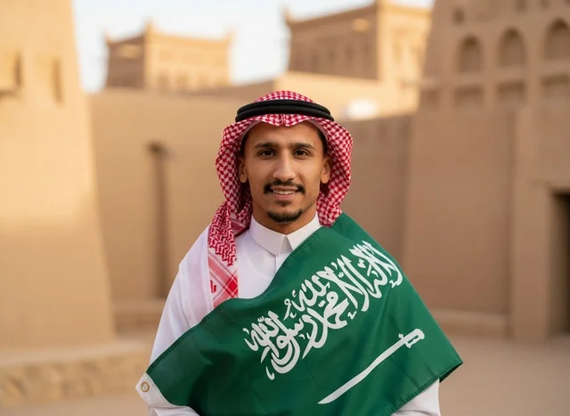 رجل سعودي بالعلم الوطني أمام مباني تراثية رجل سعودي بالعلم الوطني أمام مباني تراثية