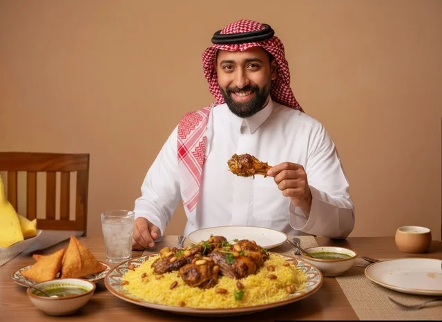 رجل سعودي يتناول وجبة المندي والكبسة التقليدية