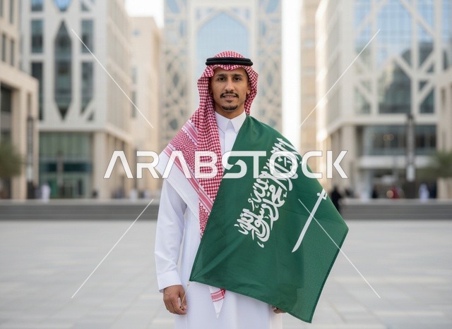 رجل سعودي يحمل العلم الوطني في مدينة الرياض الحديثة