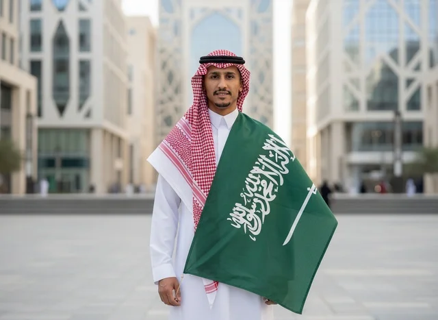 رجل سعودي يحمل العلم الوطني في مدينة الرياض الحديثة
