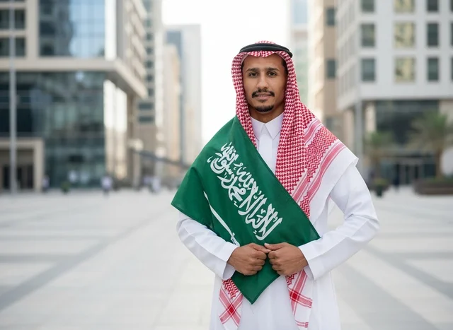رجل سعودي يحمل العلم الوطني في منطقة حضرية حديثة