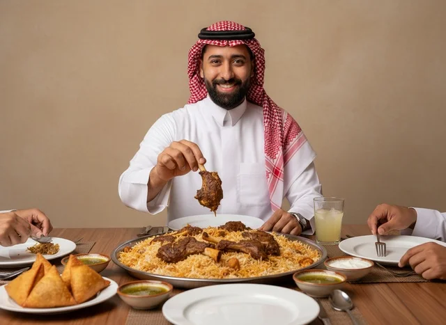 رجل سعودي يتناول وجبة المندي التقليدية مع اللحم