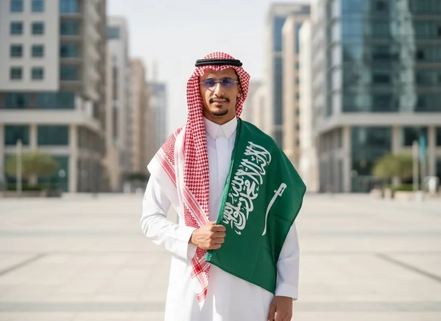 رجل سعودي يحمل علم السعودية في ساحة مدينة