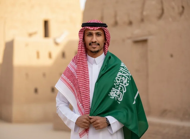 رجل سعودي يتوشح العلم في موقع تراثي