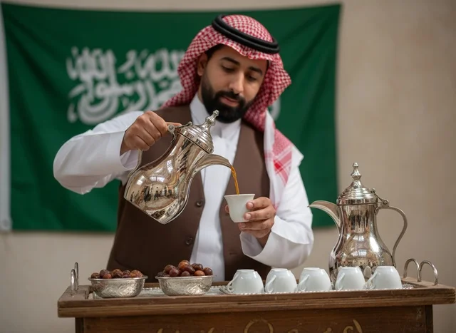 Saudi Man Pouring Traditional Arabic Coffee with Dates