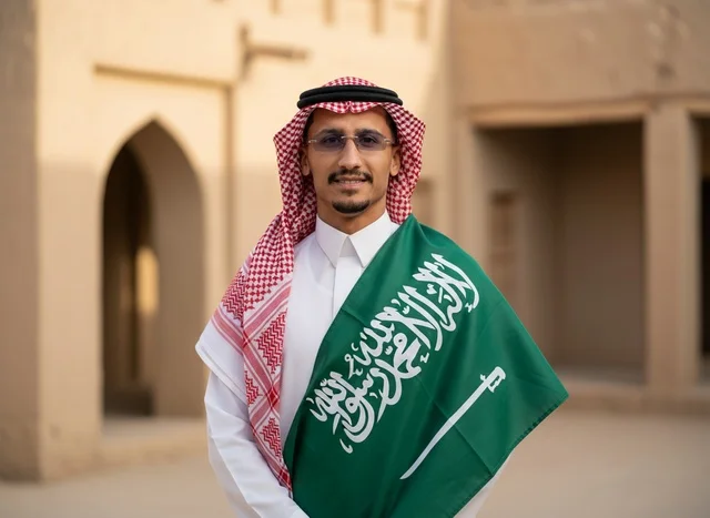 Saudi Man with National Flag at Heritage Site