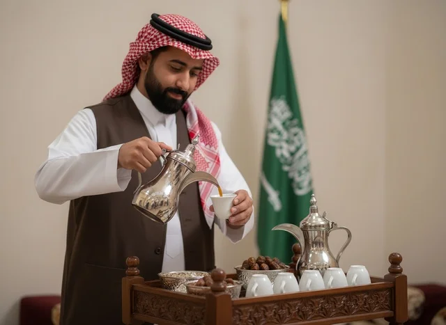 رجل سعودي يصب القهوة العربية بالزي التقليدي