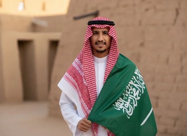 رجل سعودي يحمل العلم الوطني في موقع تراثي