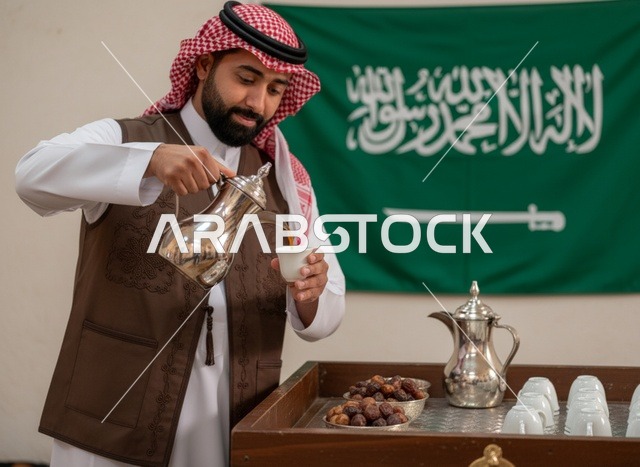 رجل سعودي يصب القهوة العربية مع علم السعودية