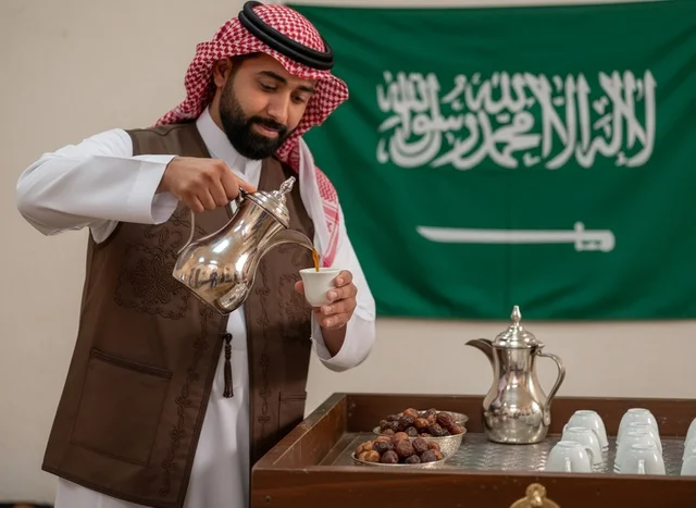 رجل سعودي يصب القهوة العربية مع علم السعودية
