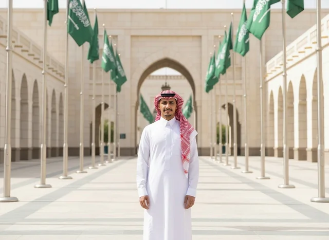 رجل سعودي بالزي التقليدي بين الأعلام الوطنية السعودية
