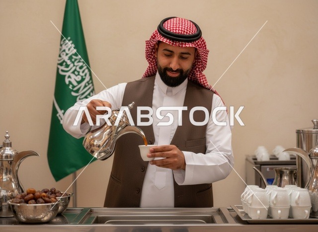 رجل سعودي يصب القهوة العربية مع العلم الوطني
