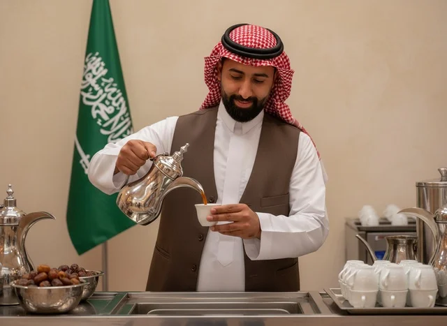 رجل سعودي يصب القهوة العربية مع العلم الوطني