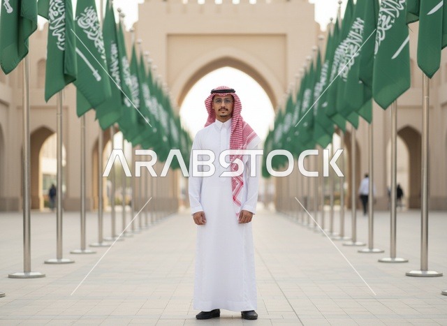 رجل سعودي بالزي التقليدي بين الأعلام الوطنية في الرياض