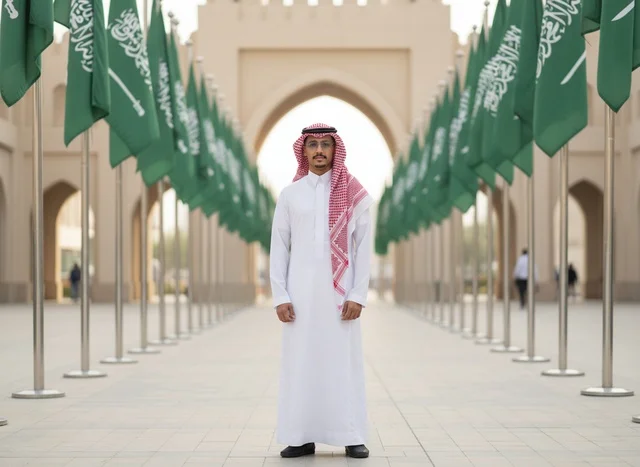 Saudi Man in Traditional Thobe and Shemagh with Flags
