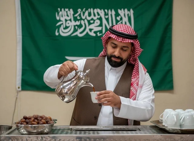 رجل سعودي يصب القهوة العربية أمام علم المملكة