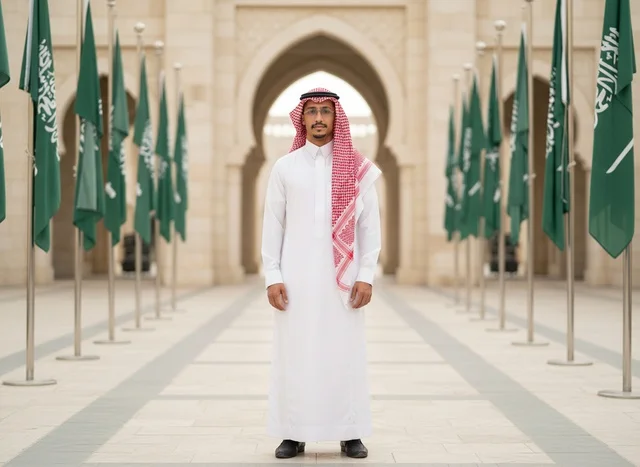 رجل سعودي بالزي التقليدي مع الأعلام الوطنية
