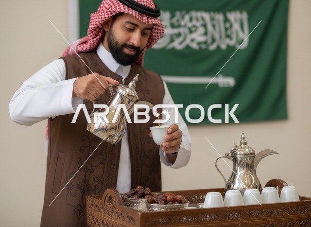 رجل سعودي يصب القهوة العربية أمام العلم السعودي