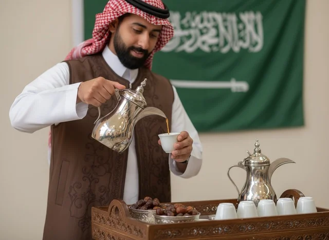 Saudi Man Pouring Arabic Coffee with Saudi Flag Saudi Man Pouring Arabic Coffee with Saudi Flag