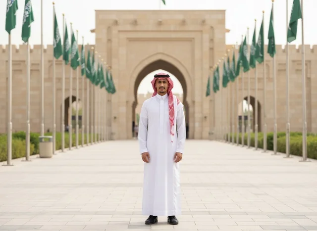رجل سعودي بالزي التقليدي أمام مدخل قصر تراثي بالرياض