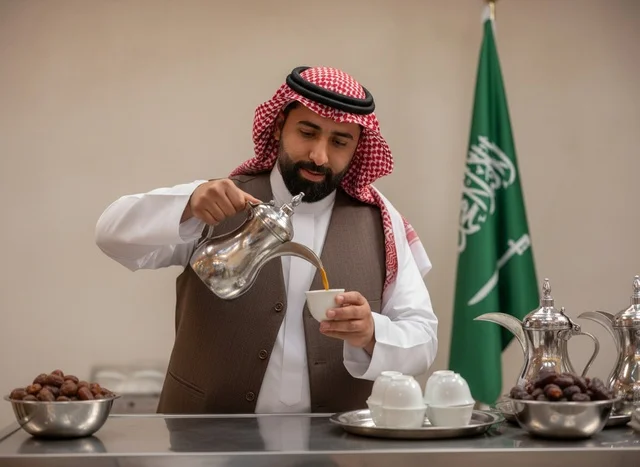 Saudi Man Pouring Arabic Coffee with National Flag