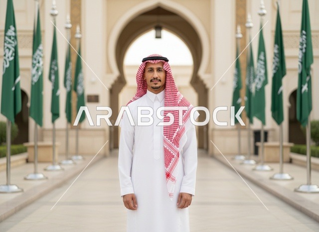 رجل سعودي بالزي التقليدي أمام الأعلام الوطنية