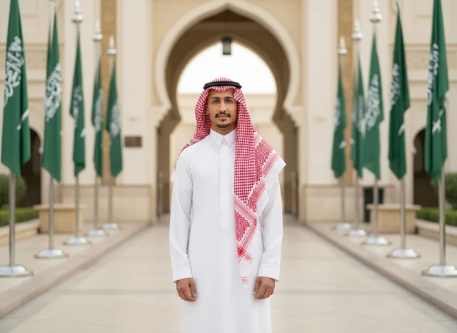 Saudi Man in Traditional Thobe with National Flags