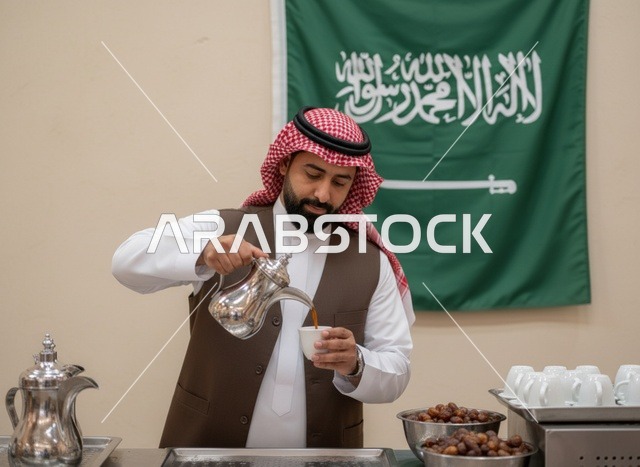 رجل سعودي يصب القهوة العربية مع العلم السعودي