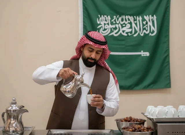 Saudi Man Pouring Arabic Coffee with Saudi Flag