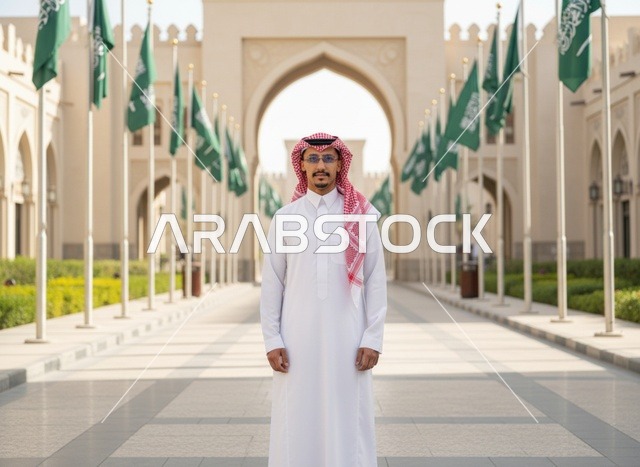 رجل سعودي بالزي التقليدي أمام أعلام المملكة