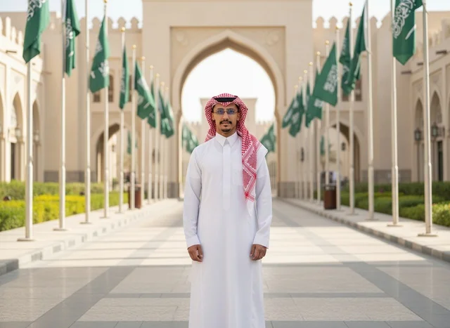 رجل سعودي بالزي التقليدي أمام أعلام المملكة