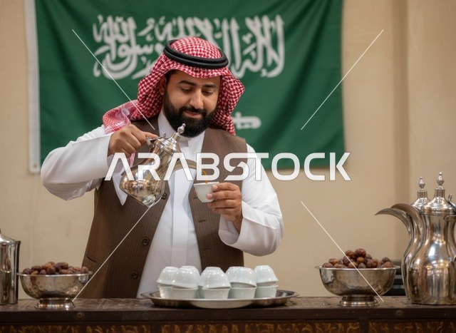 رجل سعودي يصب القهوة العربية أمام العلم الوطني