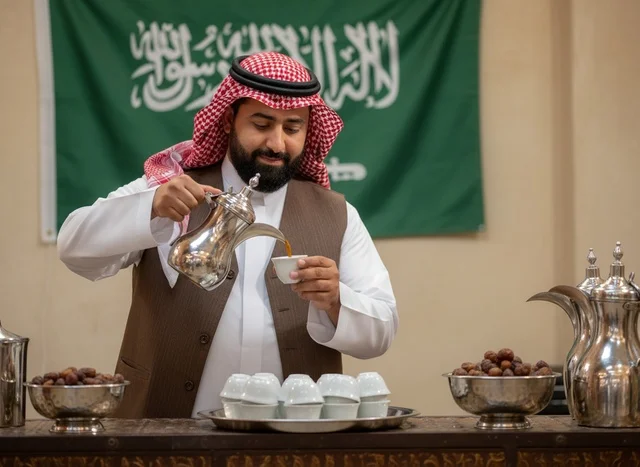 رجل سعودي يصب القهوة العربية أمام العلم الوطني