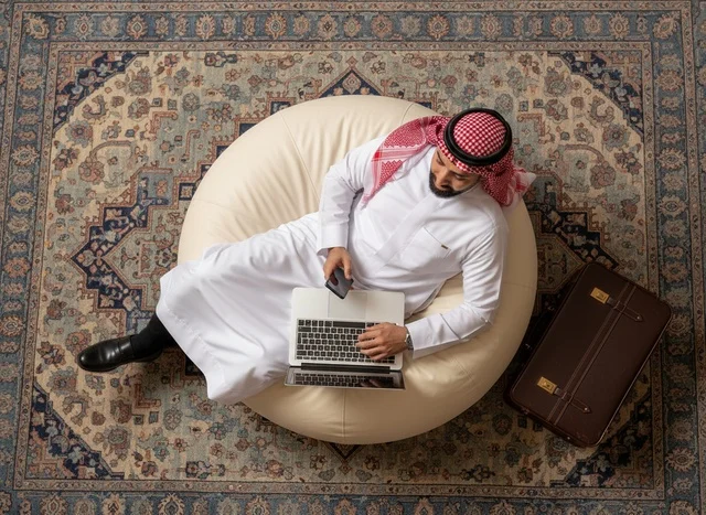 Saudi Man Using Laptop on Bean Bag Top View