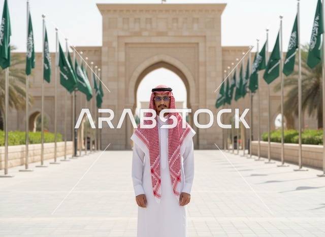 رجل سعودي بالزي التقليدي مع أعلام المملكة